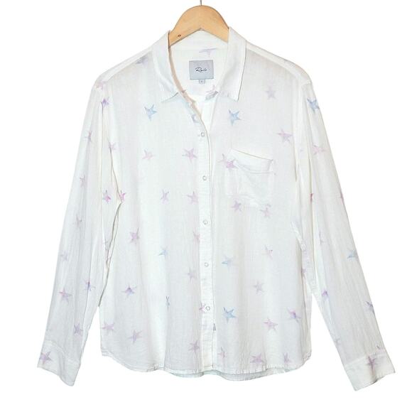 Rails Charli Linen Shirt Tie Dye Stars Button Down White Relaxed Fit Casual L - Picture 2 of 16